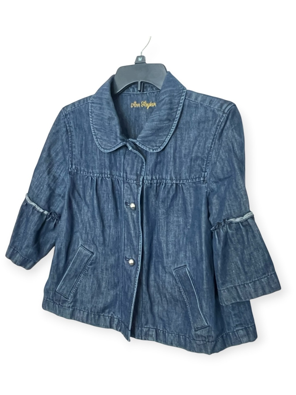 Ann Taylor Dark Wash Linen Denim Jacket LP Large Petite Peter Pan Collar Ruffle